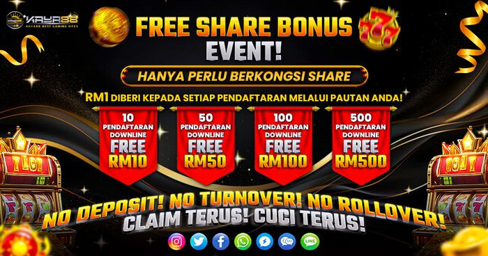 Free Share Bonus Event banner: RM1 per sign-up, 10 sign-ups pay RM10 and 500 pay RM500, with no deposit and no turnover