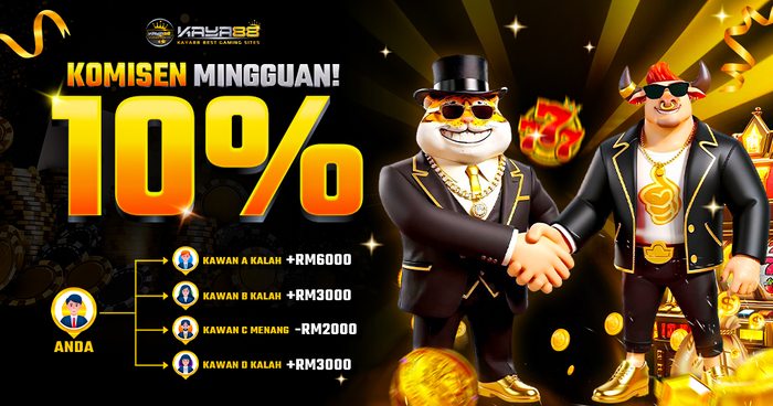 Weekly commission banner showing 10% paid on downline losses at KAYA88